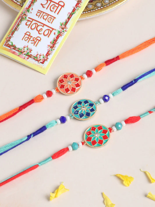 NVR Men Set of 3 Floral Design Multicolor Artificial Beads Thread Rakhi with Roli Chawal Chandan & Mishri | Grab2Buy