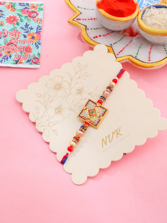NVR Men Multicolor Artificial Stones Thread Rakhi with Roli Chawal Chandan & Mishri | Grab2Buy