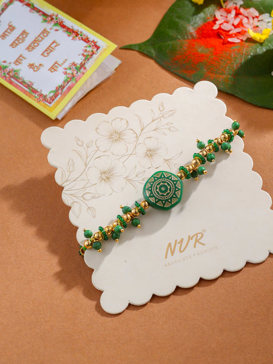 NVR Men Green Artificial Beads Round Shape Thread Rakhi with Roli Chawal Chandan & Mishri | Grab2Buy