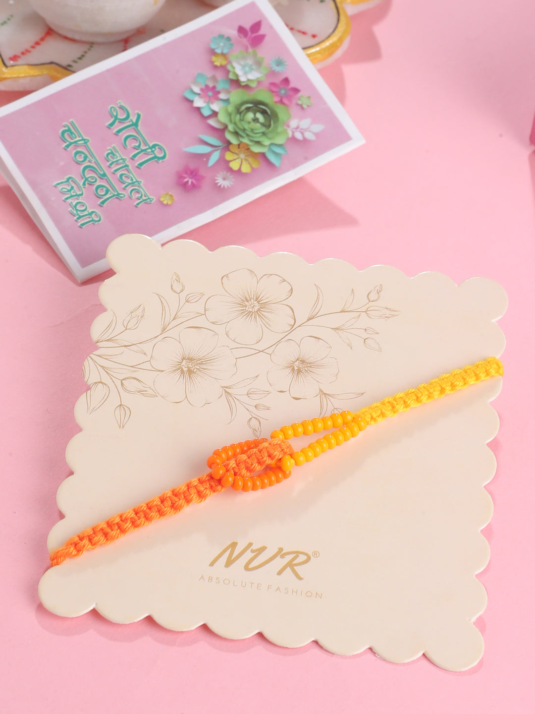 NVR Men's Multicolor Pearls Thread Rakhi with Roli Chawal Chandan & Mishri | Grab2Buy