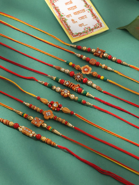 NVR Men Set of 10 Floral Design Red Artificial Stones and Beads Thread Rakhi with Roli Chawal Chandan & Mishri | Grab2Buy