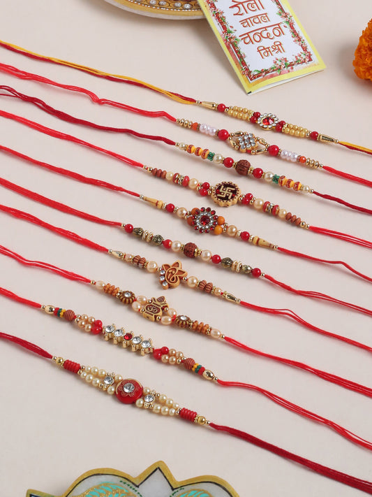 NVR Men Set of 10 Red Artificial Stones and Beads Rudraksh Thread Rakhi with Roli Chawal Chandan & Mishri | Grab2Buy