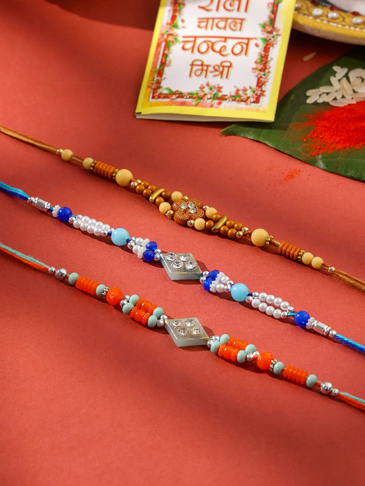 NVR Men Set of 3 Multicolor Artificial Stones and Beads Rakhi with Roli Chawal Chandan & Mishri | Grab2Buy