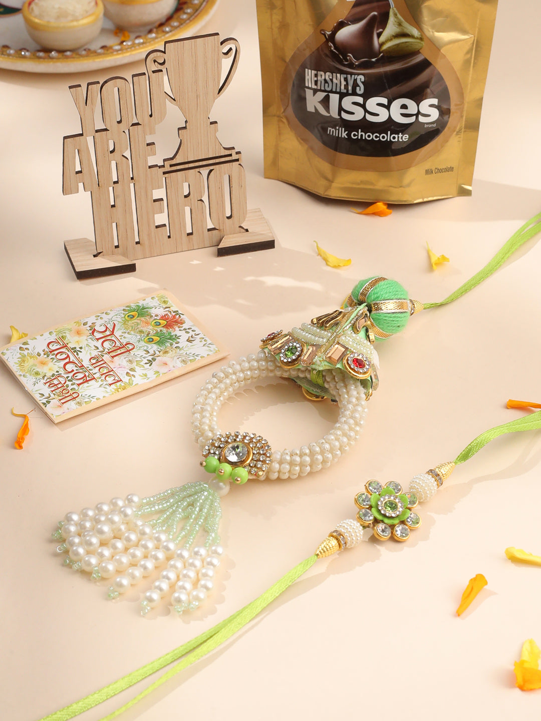 NVR Set of 2 Handcrafted Green Artificial Stones & Pearls Bhaiya Bhabhi Rakhi Combo | Grab2Buy