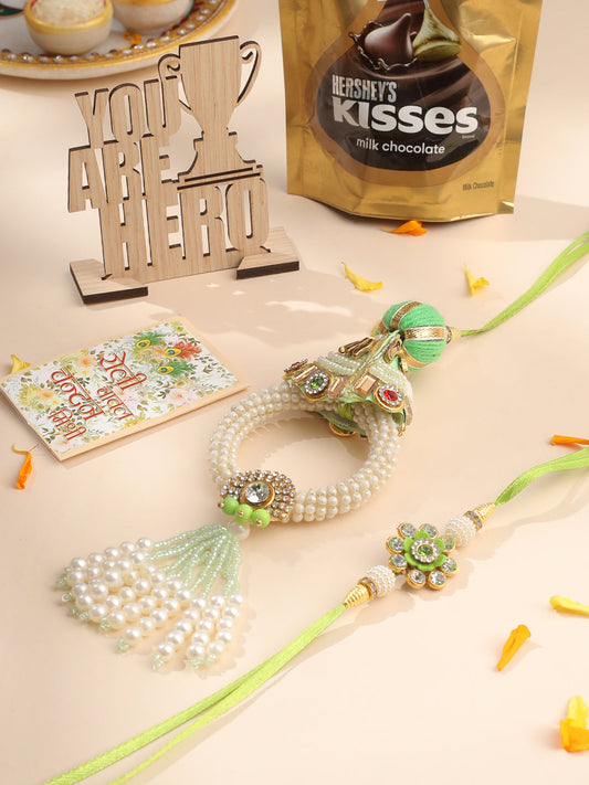 NVR Set of 2 Handcrafted Green Artificial Stones & Pearls Bhaiya Bhabhi Rakhi Combo | Grab2Buy