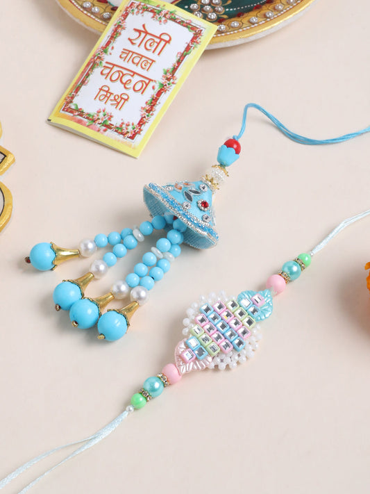 NVR Set of 2 Blue & Pink Artificial Stones & Beads Bhaiya Bhabhi Rakhi with Roli Chawal Chandan & Mishri | Grab2Buy