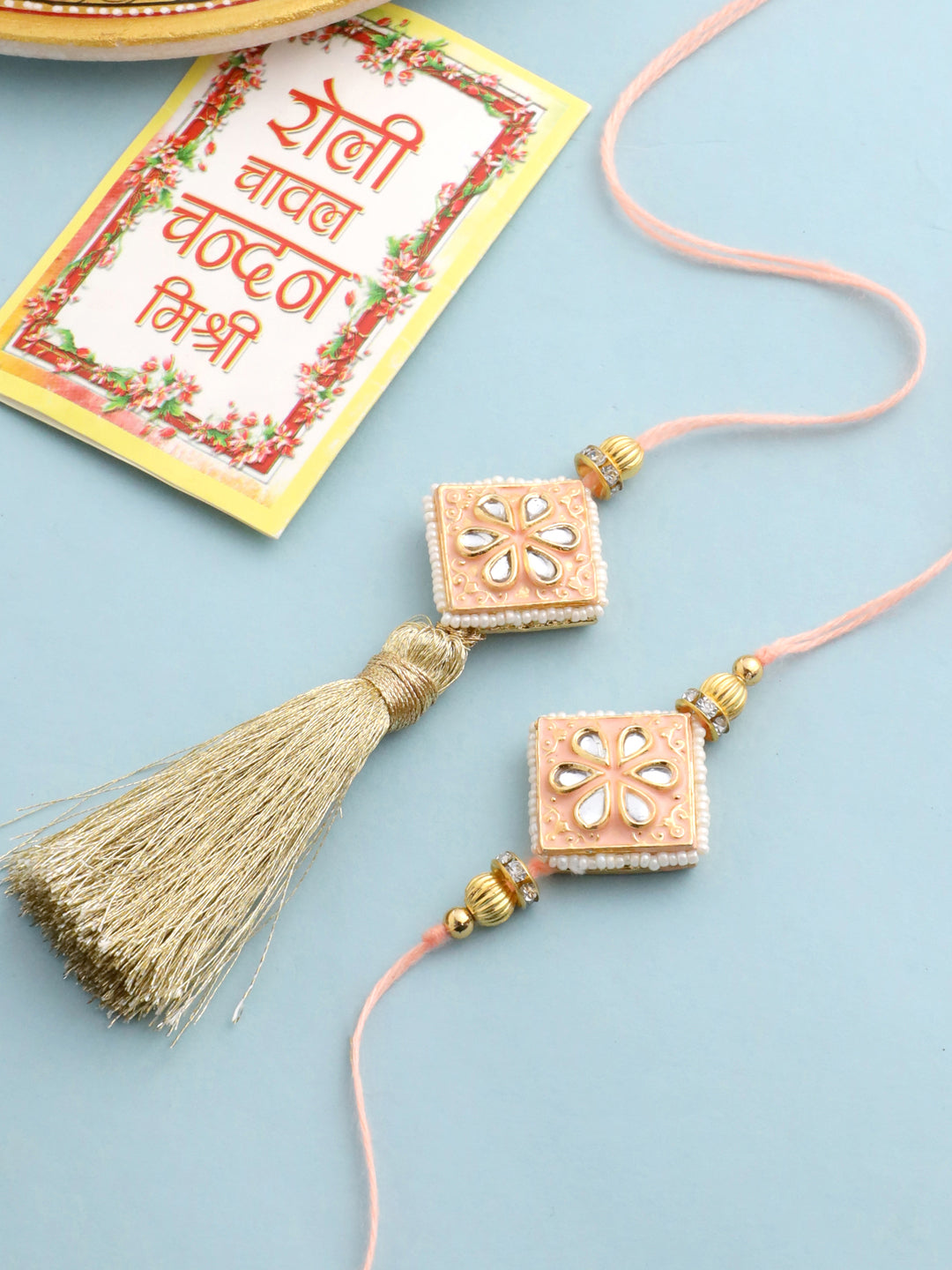 NVR Set of 2 Handmade Peach Kundan Studded Bhaiya Bhabhi Rakhi Set with Roli Chawal Chandan & Mishri | Grab2Buy