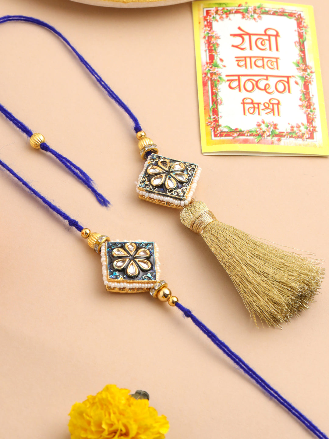 NVR Set of 2 Handmade Blue Kundan Studded Bhaiya Bhabhi Rakhi Set with Roli Chawal Chandan & Mishri | Grab2Buy