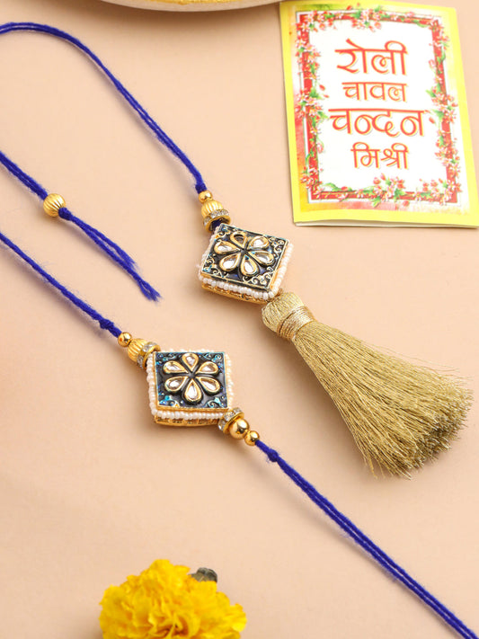 NVR Set of 2 Handmade Blue Kundan Studded Bhaiya Bhabhi Rakhi Set with Roli Chawal Chandan & Mishri | Grab2Buy