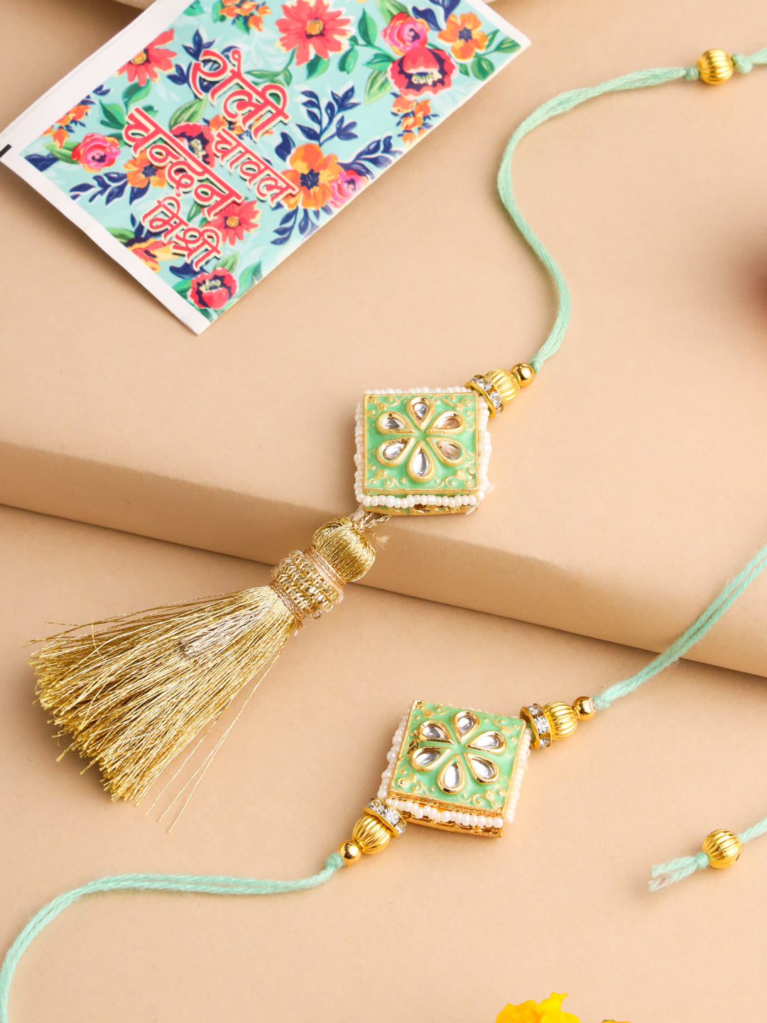 NVR Set of 2 Handmade Sea Green Kundan Studded Bhaiya Bhabhi Rakhi Set with Roli Chawal Chandan & Mishri | Grab2Buy