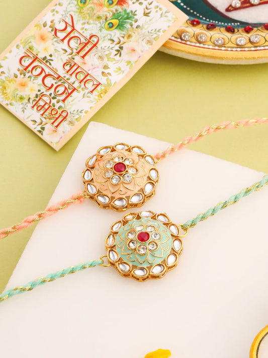NVR Men Set of 2 Peach & Green Kundan Studded Round Floral Design Rakhi with Roli Chawal Chandan & Mishri | Grab2Buy