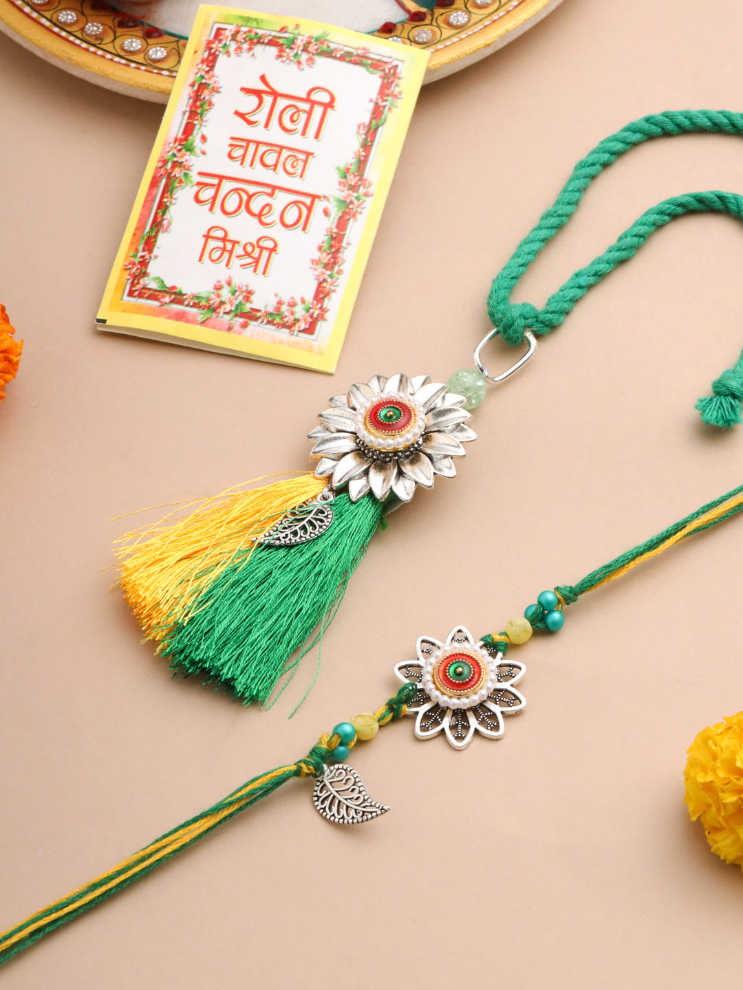 NVR Set of 2 Green Pearls Bhaiya Bhabhi Thread Rakhi with Roli Chawal Chandan & Mishri | Grab2Buy