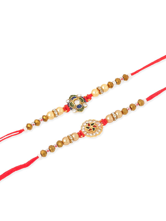 NVR Men Set of 2 Red & Gold Floral Design Artificial Stones & Beads Thread Rakhi With Roli Chawal Chandan & Mishri | Grab2Buy