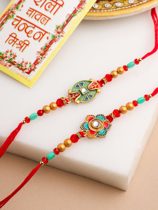 NVR Men Set of 2 Floral Design Red Artificial Stones & Beads Thread Rakhi With Roli Chawal Chandan & Mishri | Grab2Buy