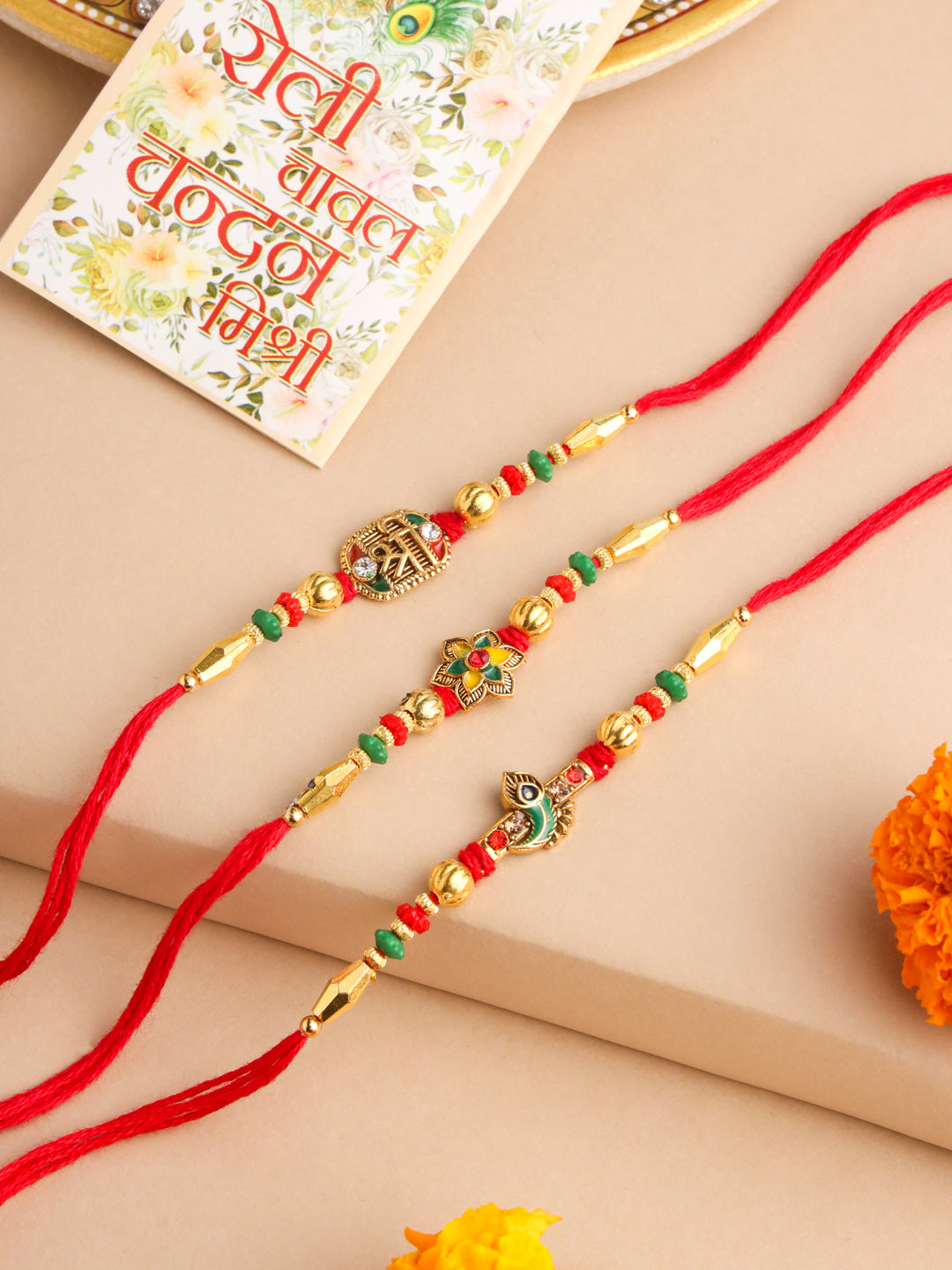 NVR Men Set of 3 Red & Gold Floral Design Artificial Stones and Beads Thread Rakhi With Roli Chawal Chandan & Mishri | Grab2Buy