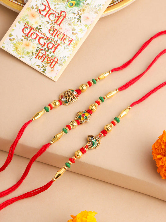 NVR Men Set of 3 Red & Gold Floral Design Artificial Stones and Beads Thread Rakhi With Roli Chawal Chandan & Mishri | Grab2Buy
