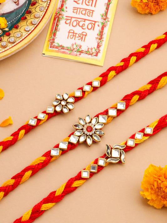 NVR Men Set of 3 Red & Yellow Kundan Studded Floral Design Thread Rakhi with Roli Chawal Chandan & Mishri | Grab2Buy