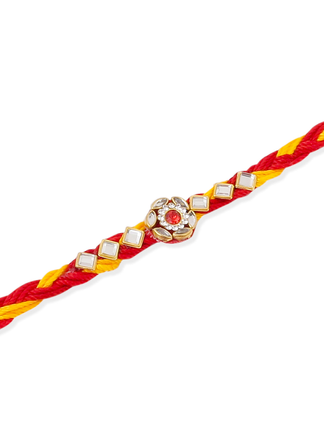 NVR Men Set of 3 Red & Yellow Kundan Studded Floral Design Thread Rakhi with Roli Chawal Chandan & Mishri