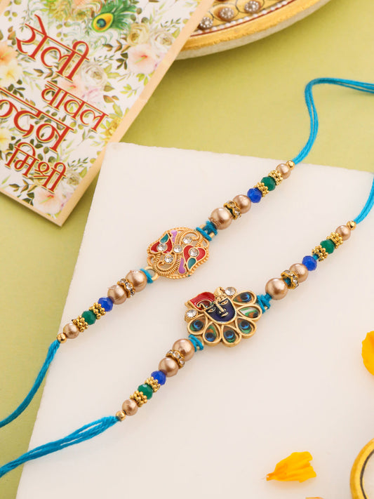 NVR Men Set of 2 Blue Artificial Stones & Beads Thread Rakhi with Roli Chawal Chandan & Mishri | Grab2Buy