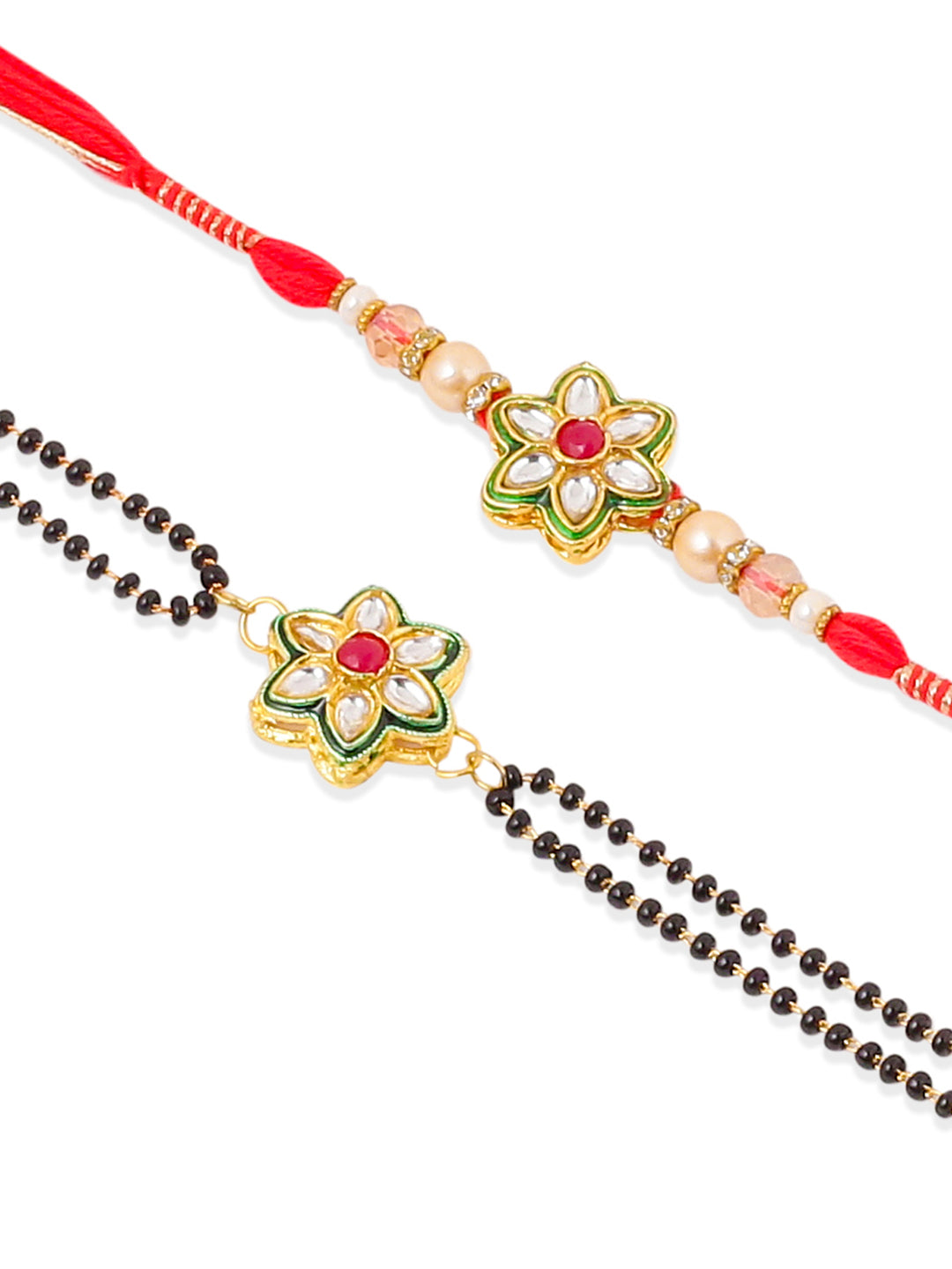 NVR Set of 2 Gold Toned Kundan Studded Floral Shape Bhaiya Bhabhi Rakhi with Roli Chawal Chandan & Mishri | Grab2Buy
