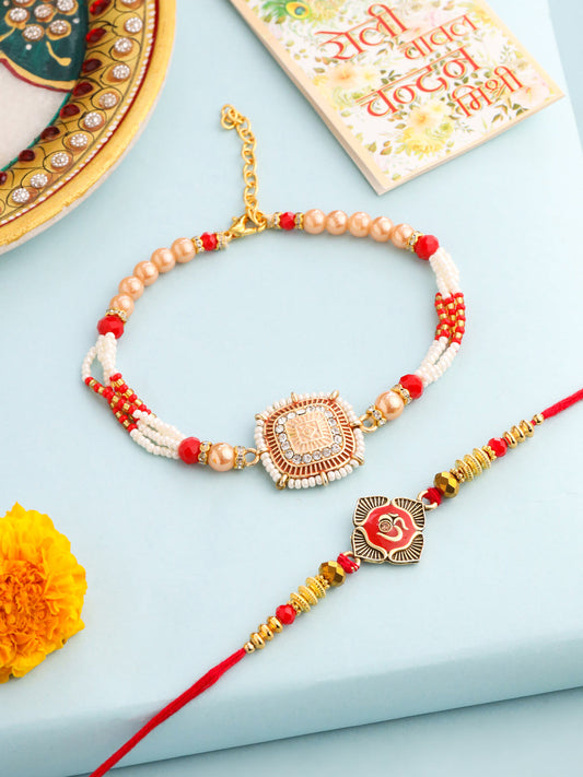 NVR Set of 2 Gold Toned Artificial Stones & Beads Om Design Bhaiya Bhabhi Rakhi with Roli Chawal Chandan & Mishri | Grab2Buy