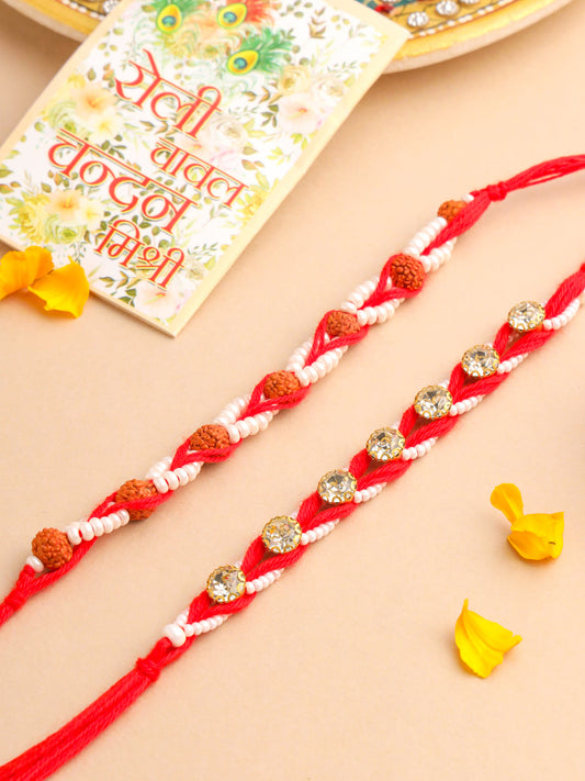 NVR Men Set of 2 Red Artificial Stones & Rudraksh Thread Rakhi with Roli Chawal Chandan & Mishri | Grab2Buy