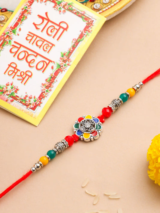 NVR Men Multicolor Artificial Stones & Beads Floral Design Thread Rakhi with Roli Chawal Chandan & Mishri | Grab2Buy