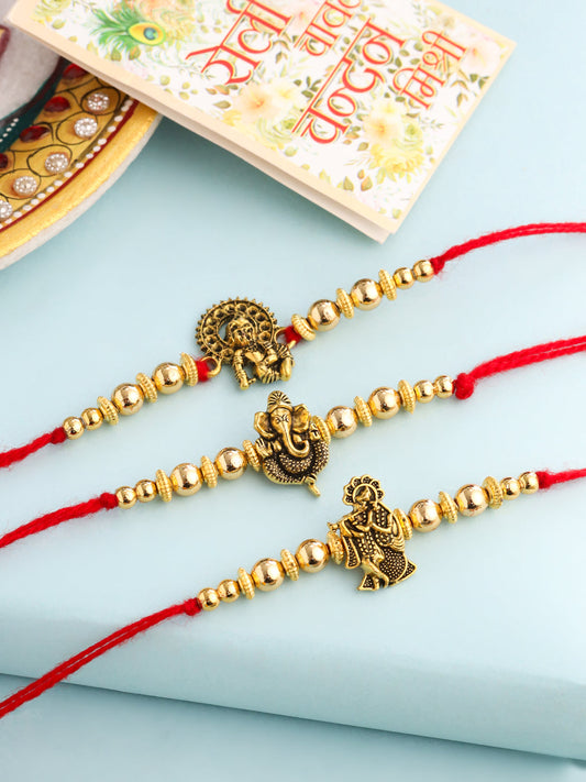 NVR Men Set of 3 Gold Toned Designer Ganesh Ji Thread Rakhi with Roli Chawal Chandan & Mishri | Grab2Buy