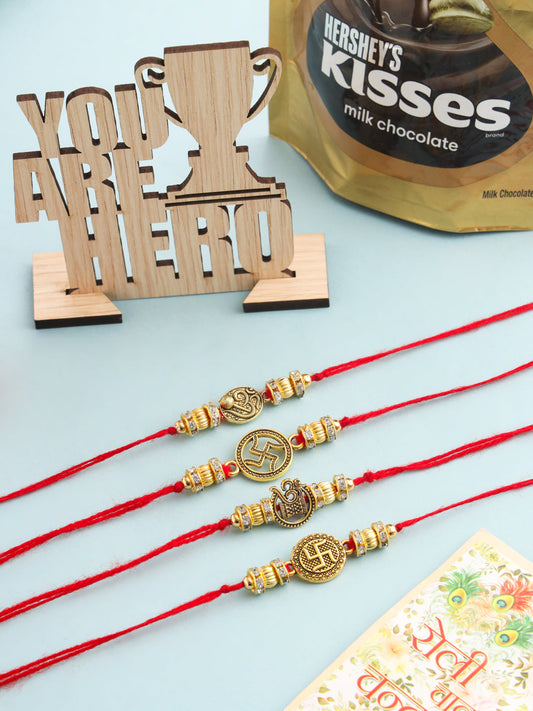NVR Men Set of 4 Gold Toned Artificial Stones Swastik Design Thread Rakhi Combo | Grab2Buy