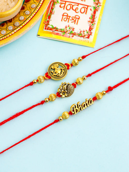 NVR Men Set of 3 Gold Toned Thread Rakhi with Roli Chawal Chandan & Mishri | Grab2Buy