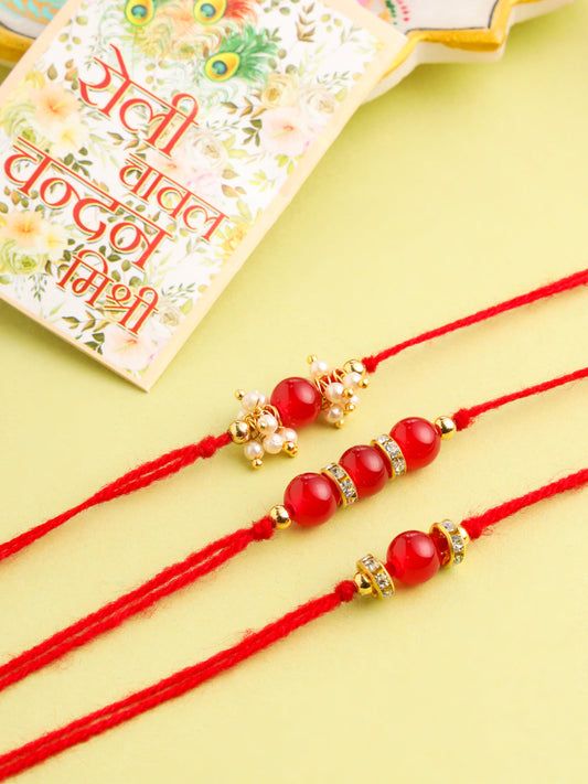 NVR Men Set of 3 Red Artificial Beads & Pearls Thread Rakhi with Roli Chawal Chandan & Mishri | Grab2Buy