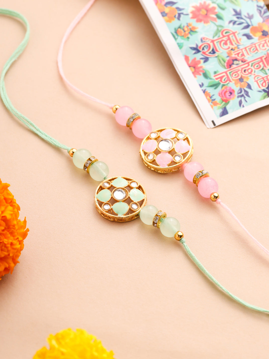 NVR Men Set of 2 Artificial Stones & Beads Floral Design Thread Rakhi with Roli Chawal Chandan & Mishri | Grab2Buy