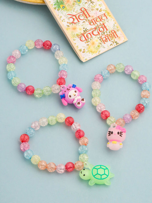 NVR Kids Set of 3 Cartoon Design Artificial Beads Thread Rakhi with Roli Chawal Chandan & Mishri | Grab2Buy