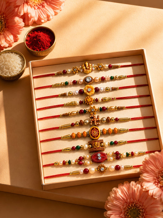 NVR Set of 10 Artificial Stones & Beads Thread Rakhi with Roli Chawal Chandan Mishri
