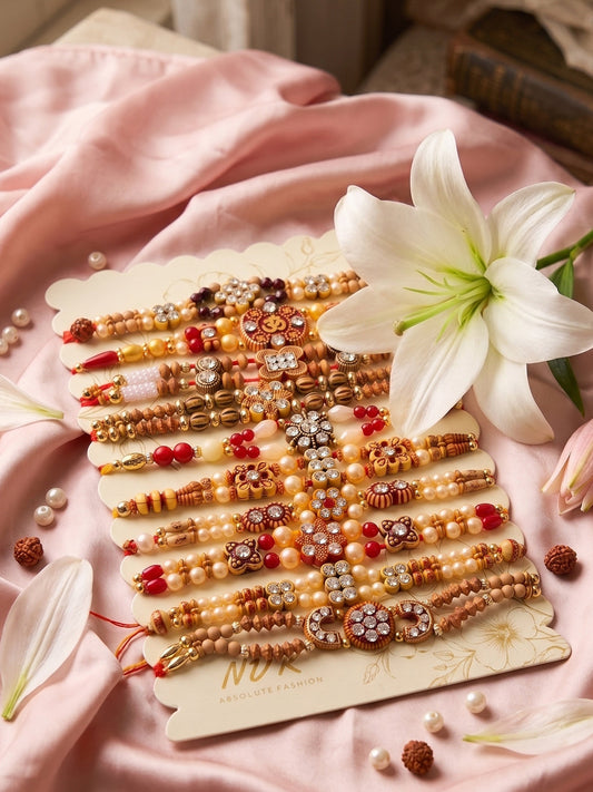 NVR Set of 10 Multicolor Designer Thread Rakhi with Roli Chawal Chandan Mishri