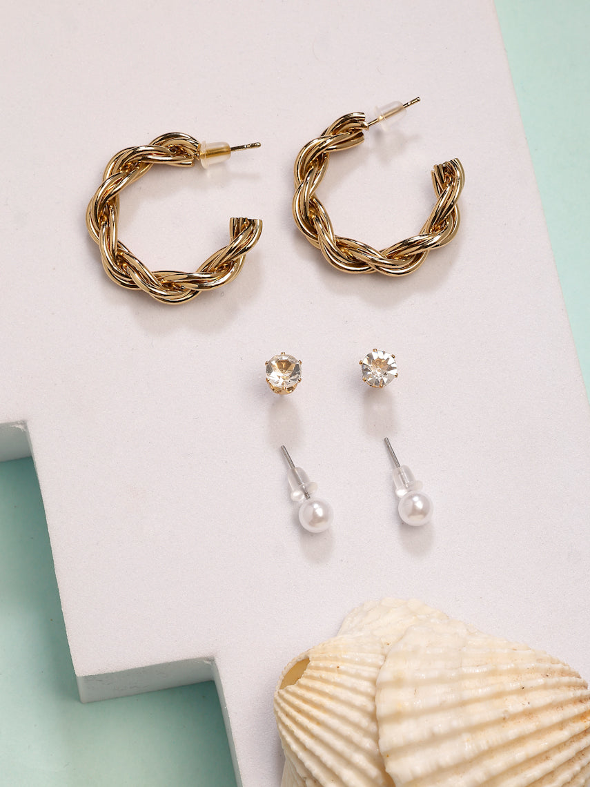 NVR Women's Set of 3 Gold-Polished Artificial Stones Half Hoop Earrings | Grab2Buy