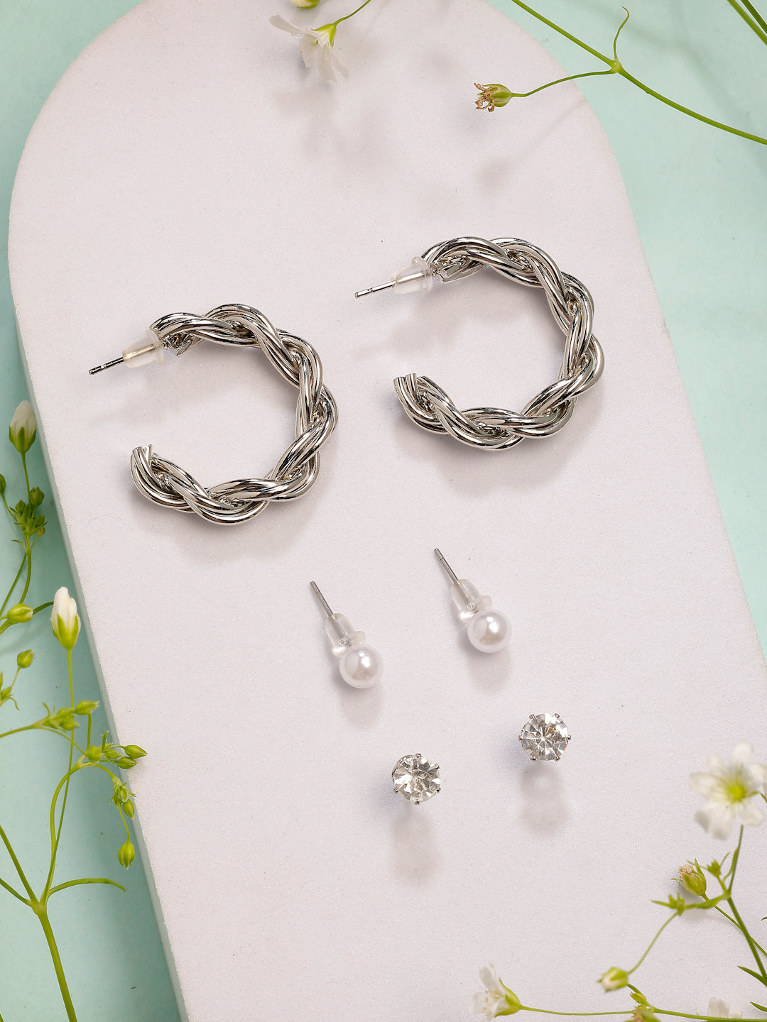 NVR Women's Set of 3 Silver-Plated Artificial Stones Half Hoop Earrings | Grab2Buy