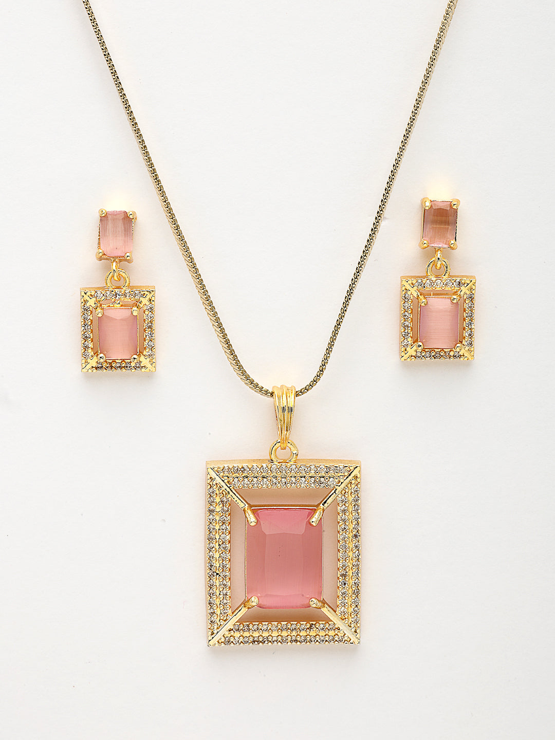 NVR Women Gold-Polished Pink American Diamond-Studded Pendant Set with Ring NR Retail-NVR