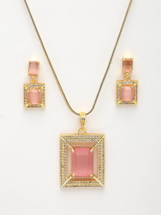 NVR Women Gold-Polished Pink American Diamond-Studded Pendant Set with Ring NR Retail-NVR