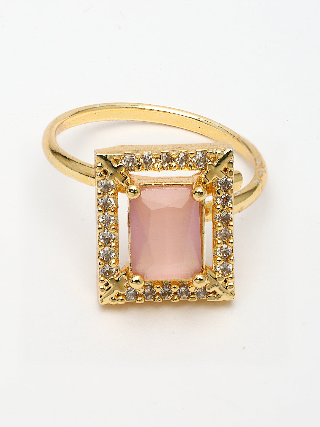 NVR Women Gold-Polished Pink American Diamond-Studded Pendant Set with Ring NR Retail-NVR