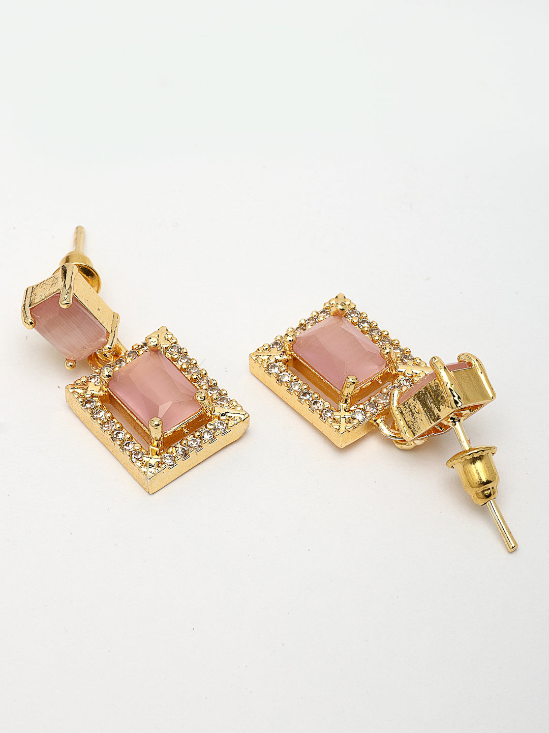 NVR Women Gold-Polished Pink American Diamond-Studded Pendant Set with Ring NR Retail-NVR