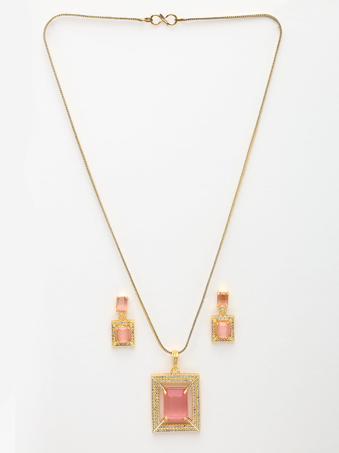 NVR Women Gold-Polished Pink American Diamond-Studded Pendant Set with Ring NR Retail-NVR