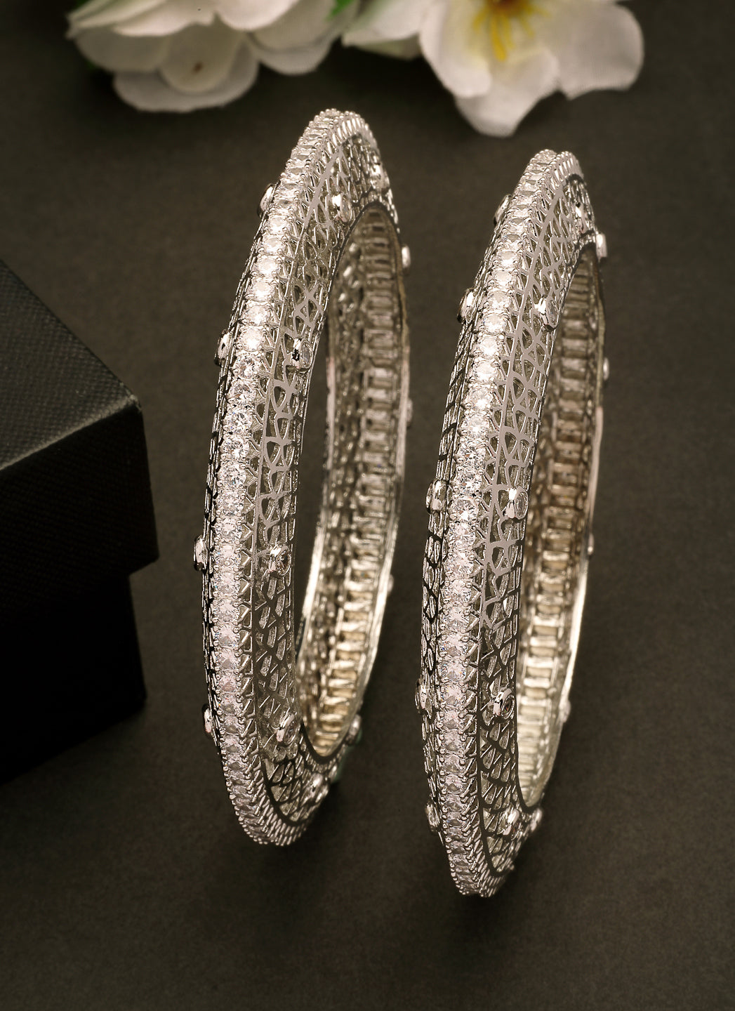 NVR Women's Set of 2 Silver-Plated American Diamond Studded Bangles | Grab2Buy
