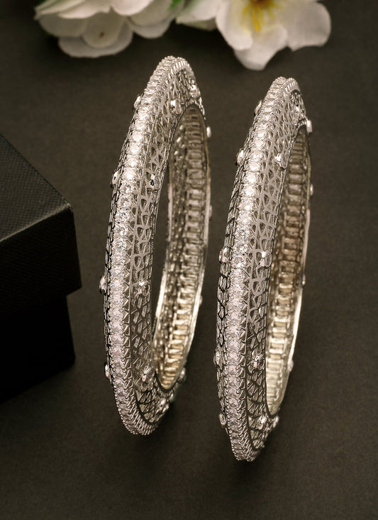NVR Women's Set of 2 Silver-Plated American Diamond Studded Bangles | Grab2Buy