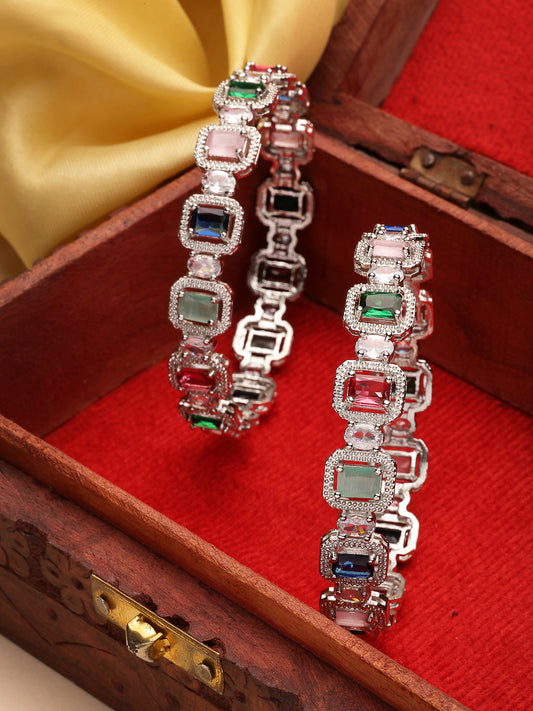 NVR Women's Set of 2 Multicolor Silver-Plated American Diamond Studded Bangles | Grab2Buy