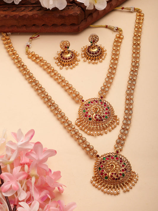 NVR Women's Set of 2 Gold-Polished Red & Green Stone Studded Peacock Design Temple Jewellery Set