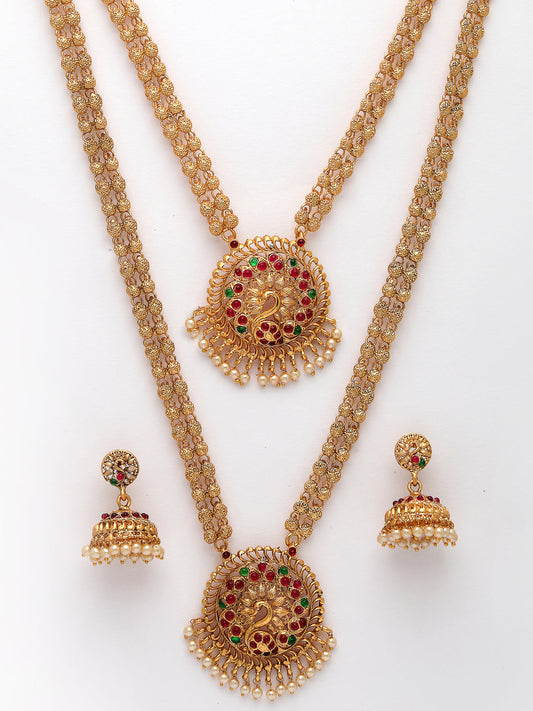 NVR Women's Set of 2 Gold-Polished Red & Green Stone Studded Peacock Design Temple Jewellery Set