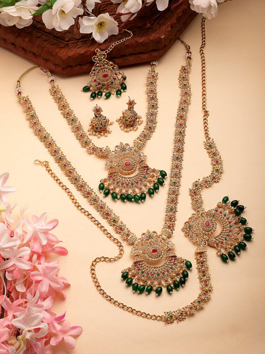 NVR Women's Set of 2 Gold-Polished Stone Studded Temple Jewellery Set with Maangtikka & Kamarbandh