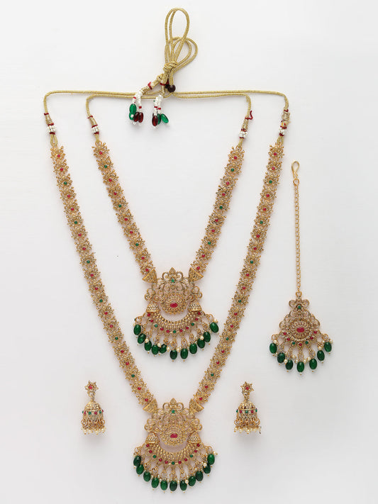 NVR Women's Set of 2 Gold-Polished Stone Studded Temple Jewellery Set with Maangtikka & Kamarbandh
