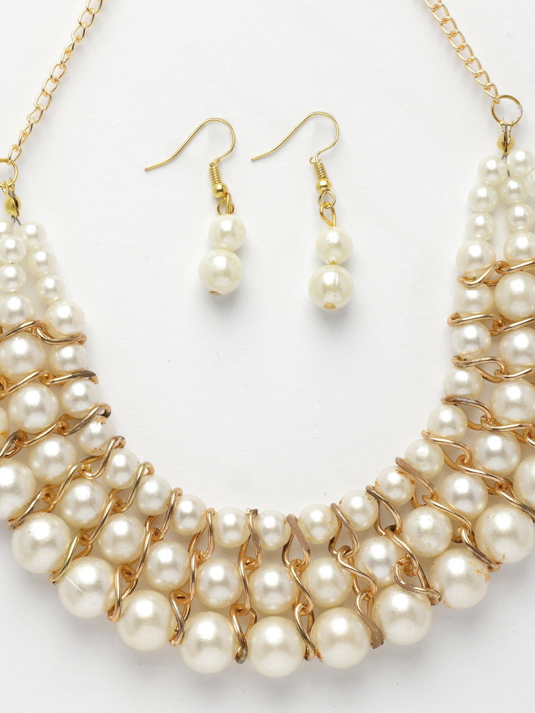 NVR Women's Gold-Polished White Pearl-Beaded Handcrafted Jewellery Set NR Retail-NVR